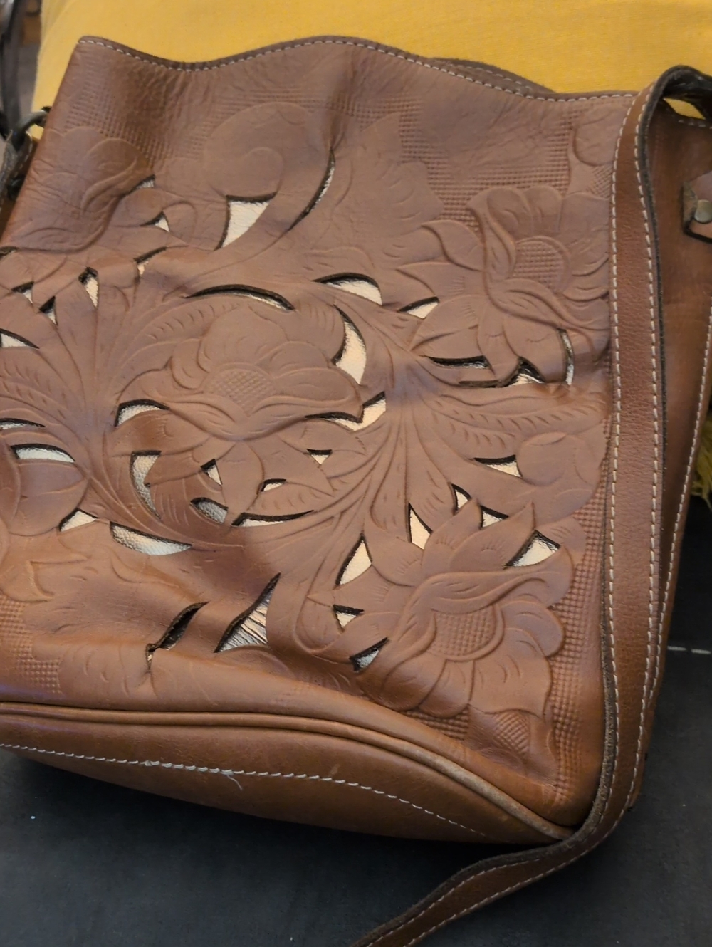 Patricia Nash Brown Floral Cutout Leather Shoulder Bag